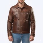 brown leather trucker jacket