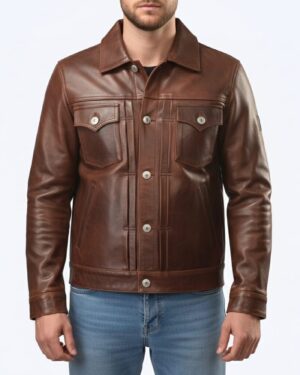 brown leather trucker jacket